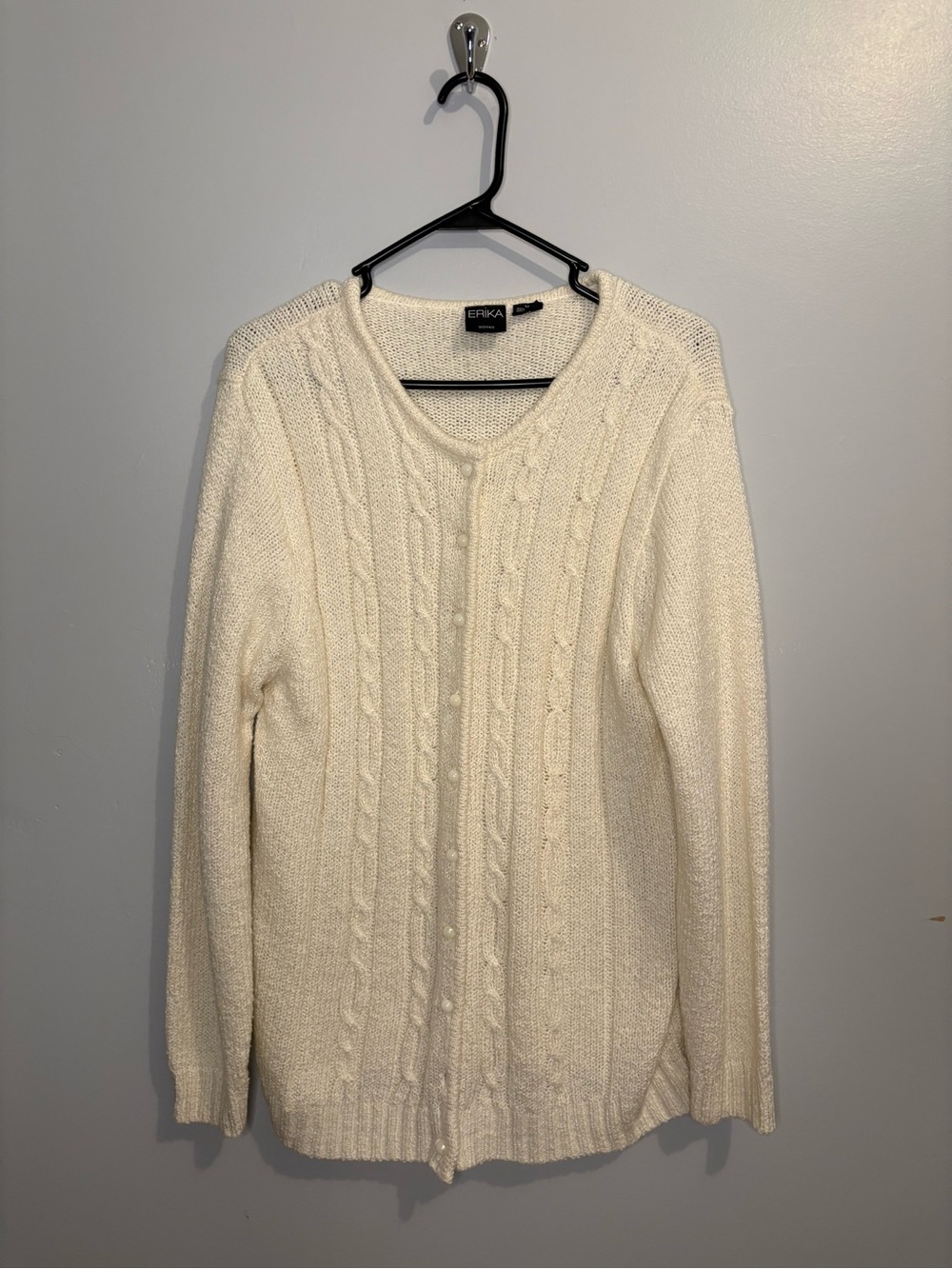 Vintage ERIKA Ivory Cable Knit Button Down Cardigan 1X Classic Fall Winter Cozy